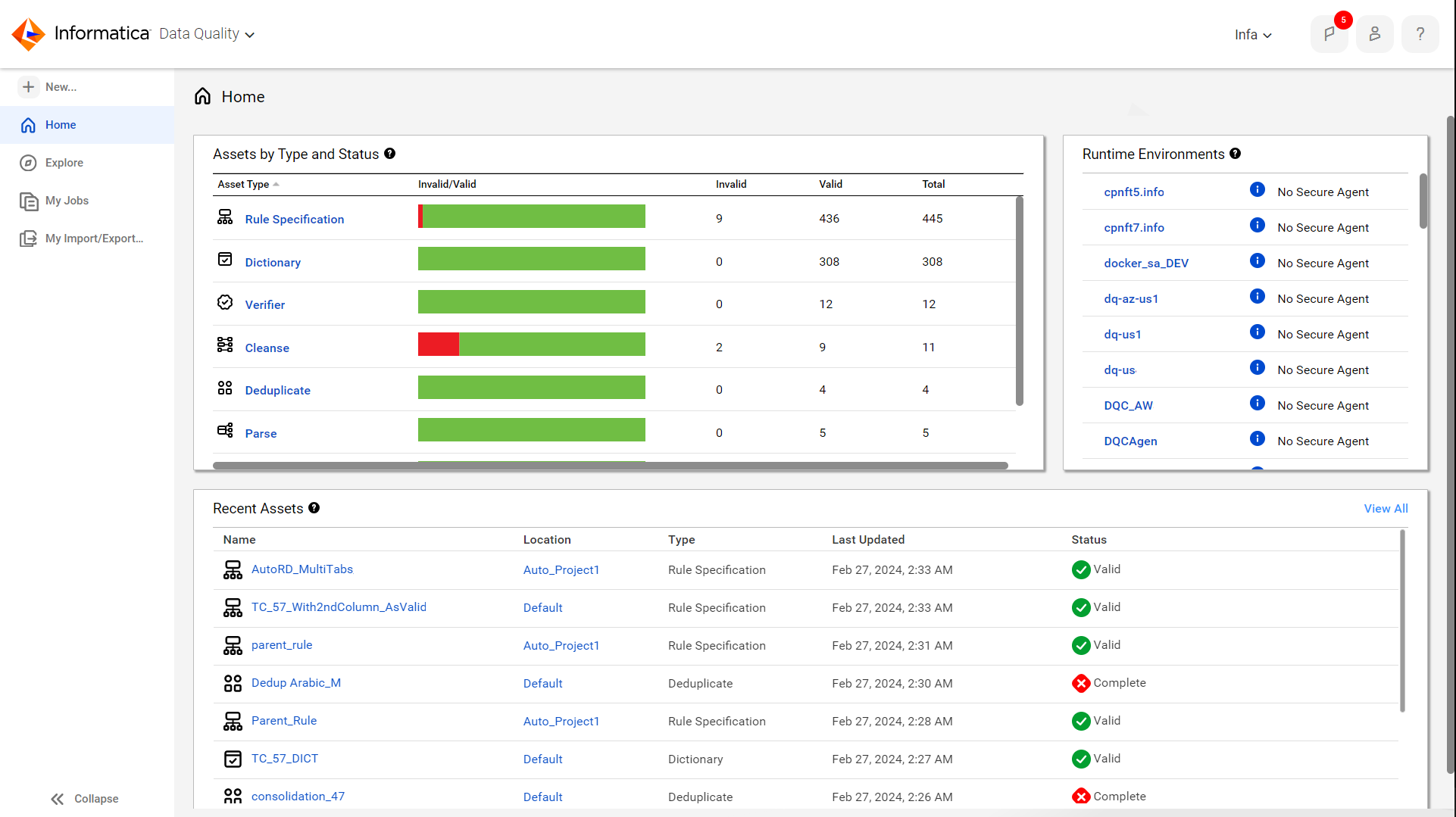 The image shows the Data Quality home page.The Home page includes a summary of the asset types that you created and a list of the most recent assets that you worked on.