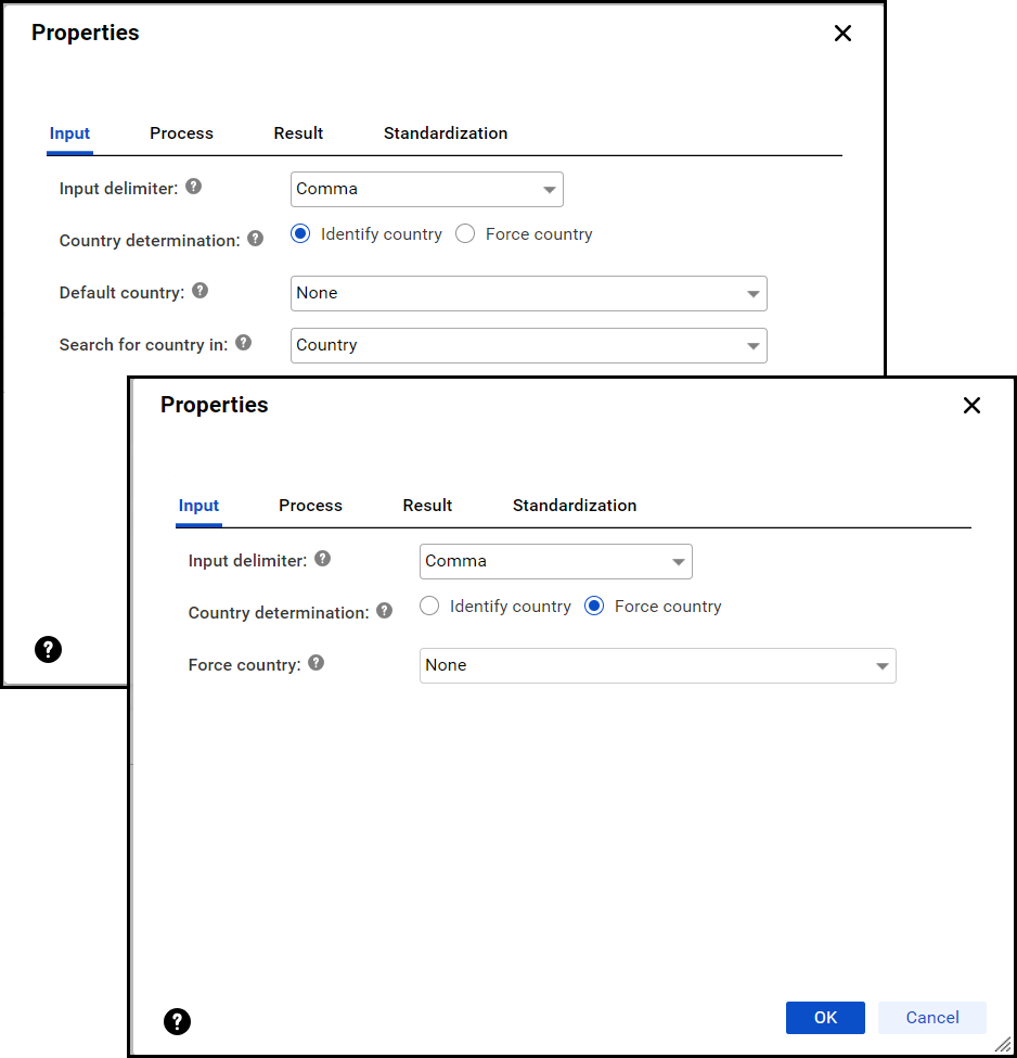 The Input tab properties are arranged vertically. Note that the country determination properties change depending on the option that you choose.