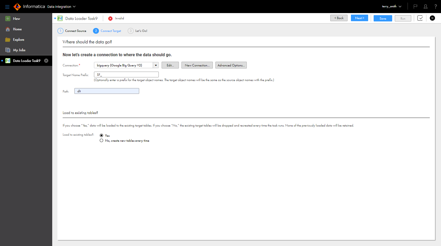 On the Connect Target page, the Target Name Prefix is "SF_," the Path is "dlt," and the Load to Existing Tables option is set to "Yes."