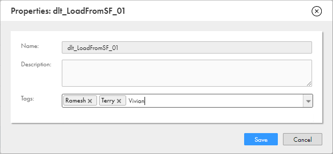 The "Tags" field is at the bottom of the Properties dialog box for a task. This image shows two tags entered and a third tag being entered