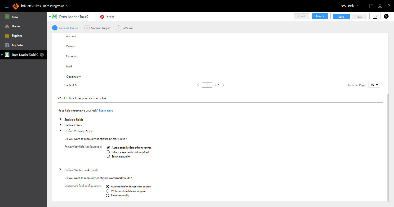 On the Connect Source page, the Define Primary Keys and Define Watermark Fields areas are expanded. In both areas, the "Automatically detect from source" option is selected.