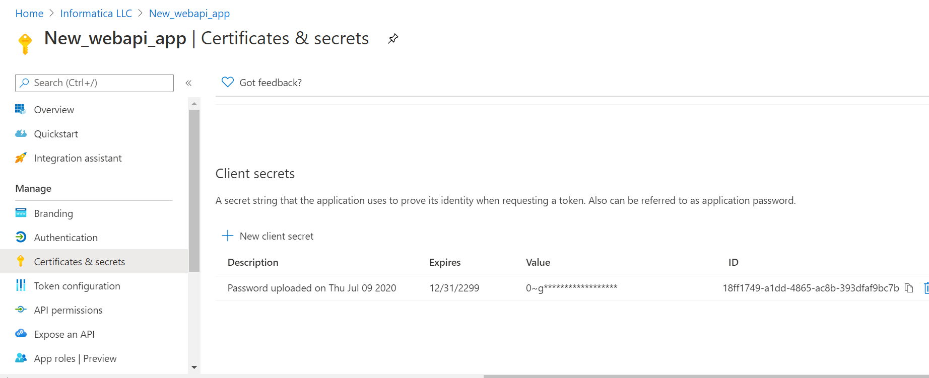 You can view the Azure registered application page in Azure Active Directory.