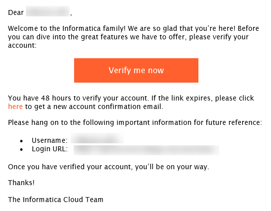 The registration confirmation email contains your user name and the INFACore login URL.