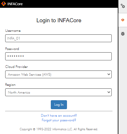 The Log in page shows the fields to enter your INFACore credentials.