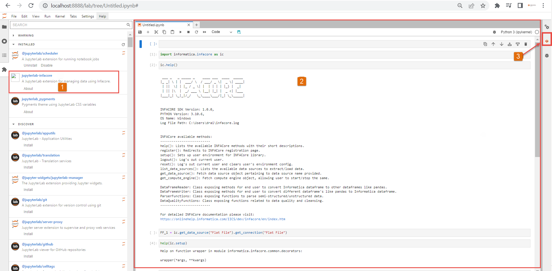 The JupyterLab server instance shows the installed libraries, the INFACore icon to log in and the JupyterLab work area.