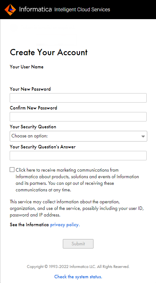 The form includes fields to enter a password, security question, and read the privacy policy.