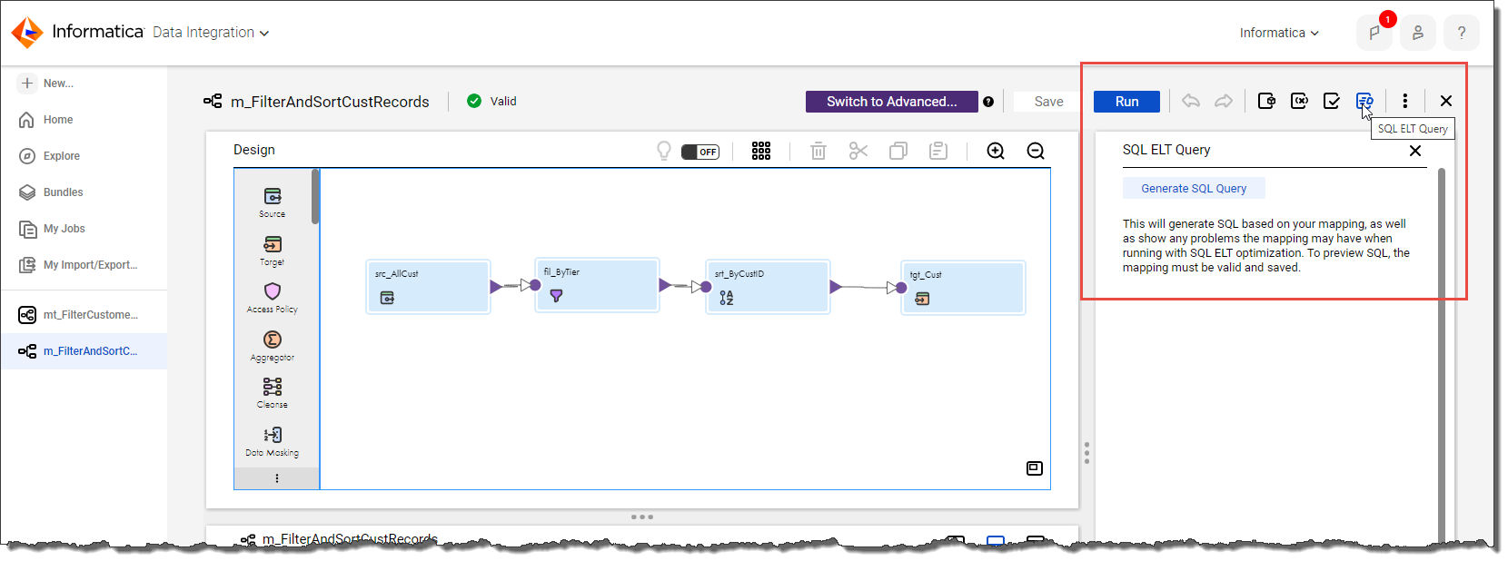 The image shows a mapping with Source, Filter, Sorter, and Target transformations. The SQL ELT Query panel is open. The button to generate the query is labeled "Generate SQL Query."