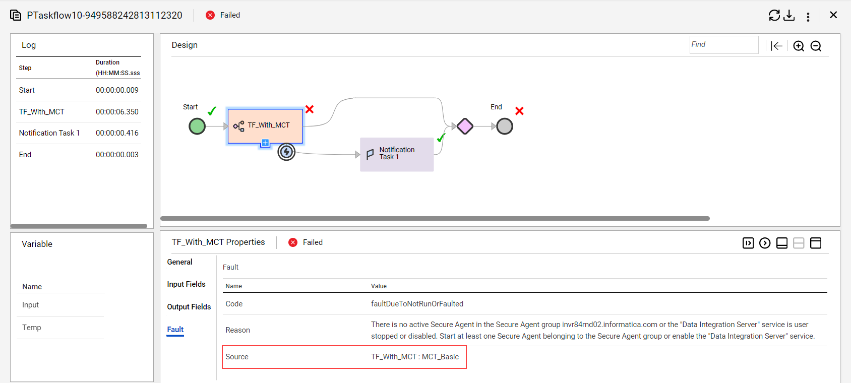 The image shows the subtaskflow name and the mapping name in the Source section on the Fault tab.