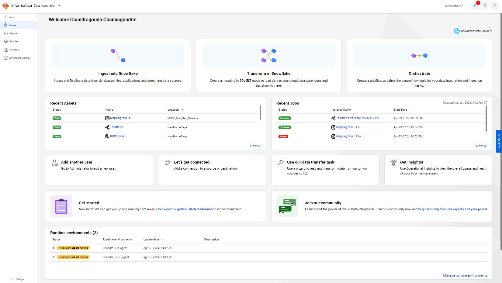 The Home page for an organization administrator that loads data to Snowflake and has licenses to create ingestion tasks, mapping tasks, and taskflows is shown. The Home page contains areas that allow you to create Mass Ingestion tasks, mappings, and taskflows, view recent assets and jobs, add users, create connections, create data transfer tasks, open Operational Insights, view getting started information, access the community, and view the organizations's runtime environments.
