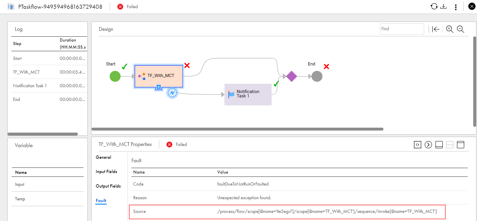 The image shows the XPath of the subtaskflow in the Source section on the Fault tab.