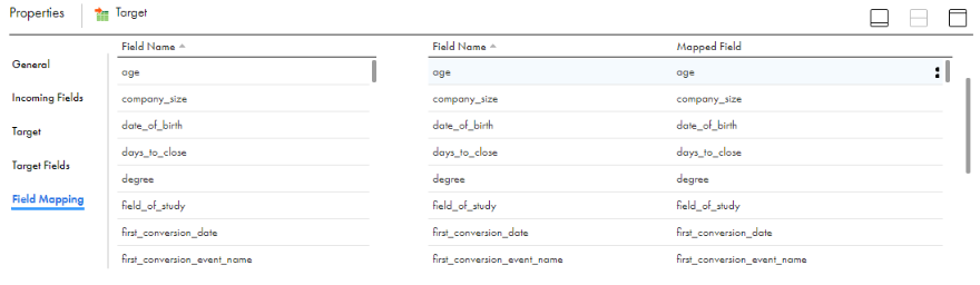 Mapped fields between the source and the target. Mapped fields between the source and the target.