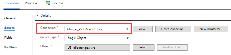 The connection is switched to MongoDB v2 type.