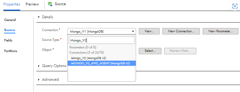 Select the MongoDB v2 source type.