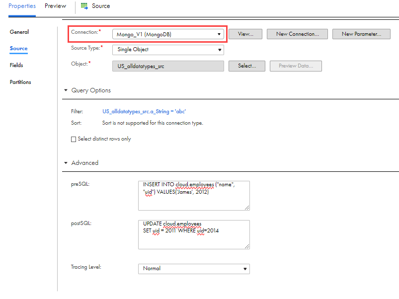 The connection type used is MongoDB connection.