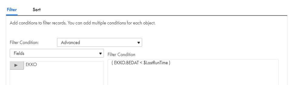 The configured advanced data filter that filters data using the $LastRunTime variable to a source object.