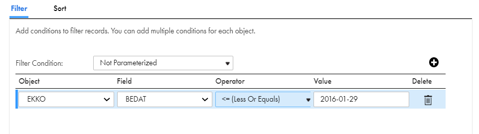 The configured simple data filter that filters data using the date data type value to a source object.