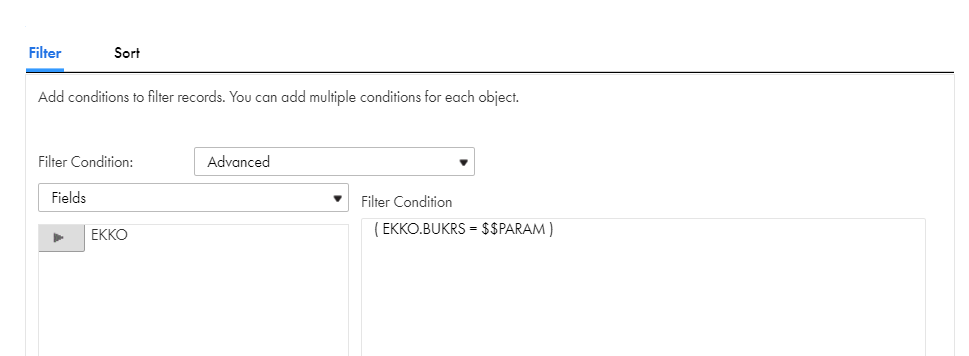 The configured advanced data filter that contains a single condition to filter data using a parameter to a source object.