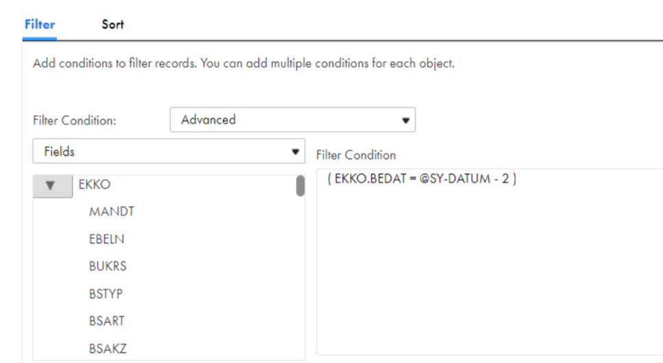 The configured advanced data filter that filters data from the past dates using the SY-DATUM variable to a source object.