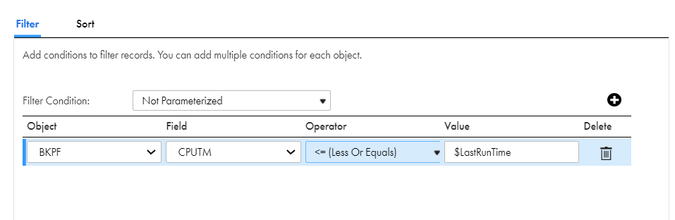 The configured simple data filter that filters data using the $LastRunTime variable to a source object.