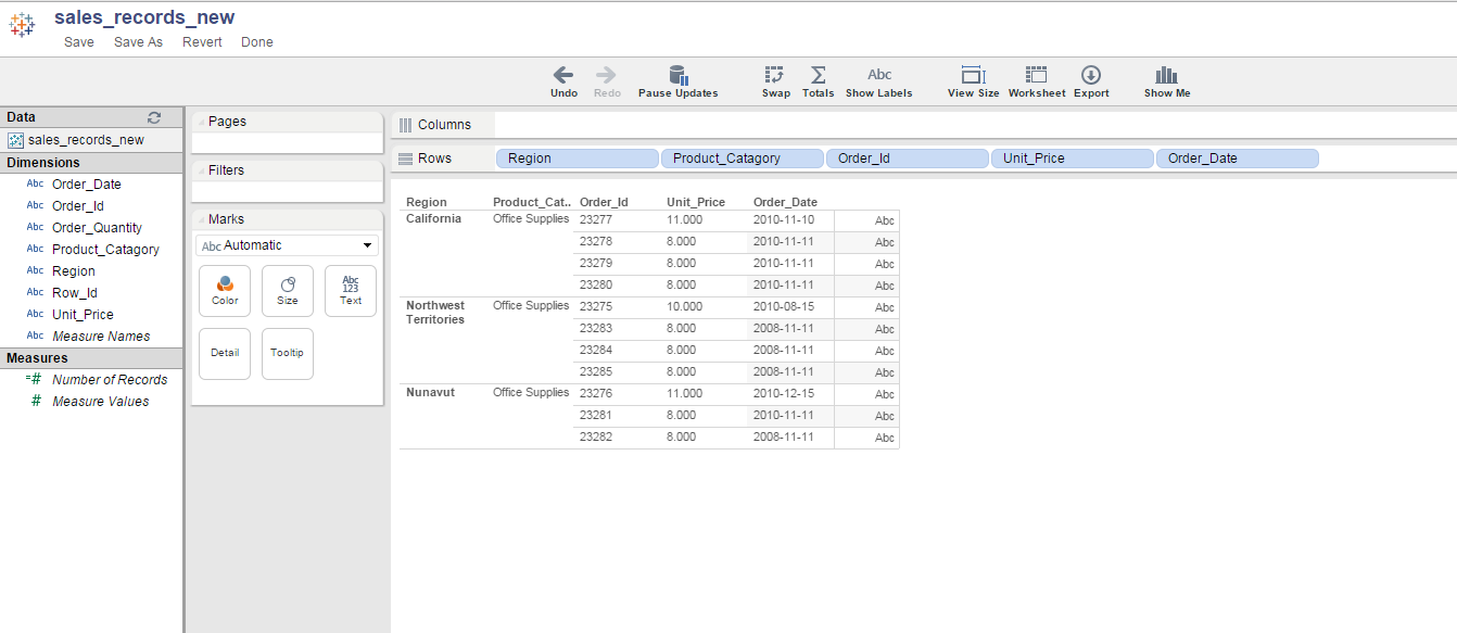 You can view the order ID, unit price, and order date for office supplies in California, Northwest Territories, and Nunavet when you publish the TDE file in Tableau Server.