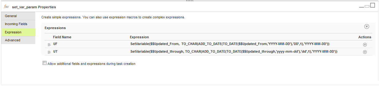 The Expression transformation uses the parameterized $$Updated_From and $$Updated_Through values.
