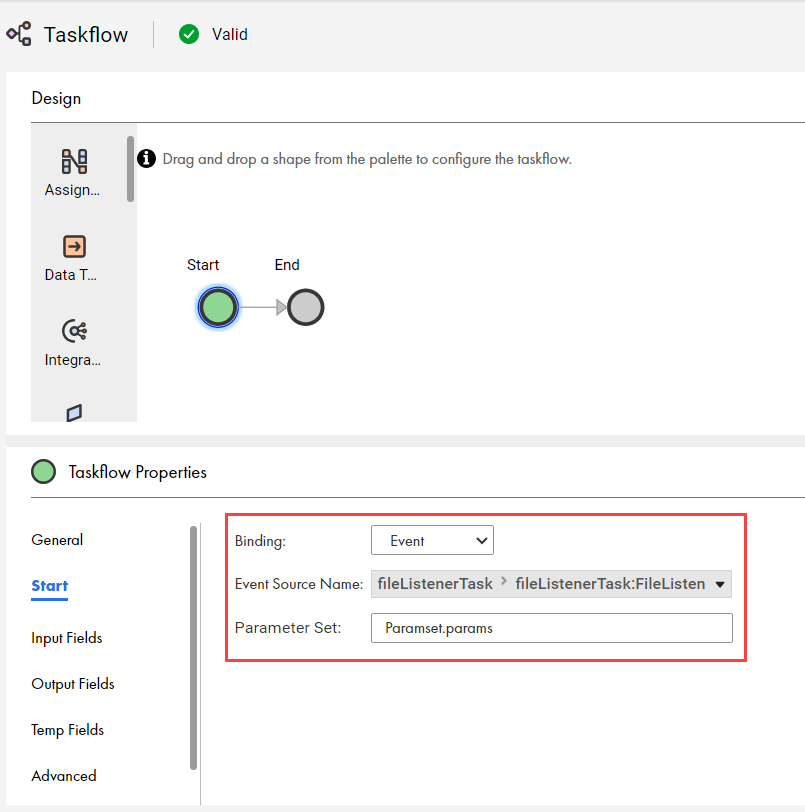 The image shows the binding set to Event, and the Event Source Name and Parameter Set fields.