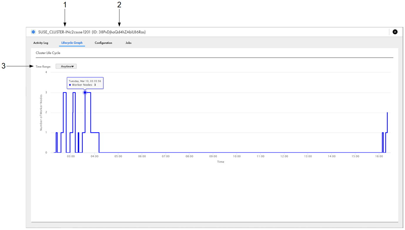 The Lifecycle Graph tab shows a graph of the number of worker nodes on the cluster over time. The vertical axis shows the number of nodes, and the horizontal axis shows the units of time.