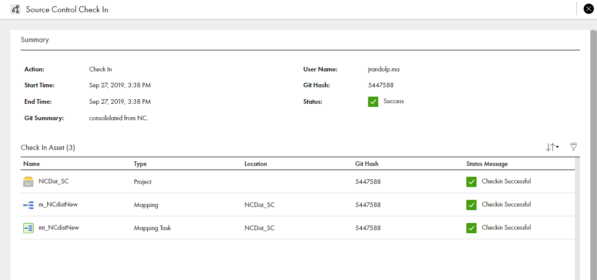 The image shows a summary area for the check in action and a Check in Asset summary area below. The Asset area shows three objects contained in the action.