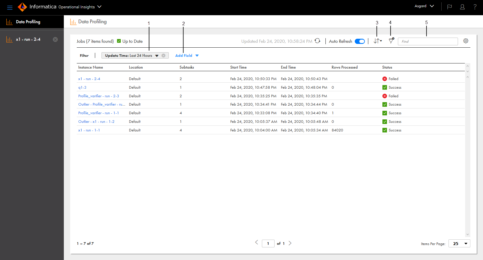 The image shows the data profiling page. The page shows the list of jobs, task location, subtasks, and other job properties. You can filter and sort the jobs.