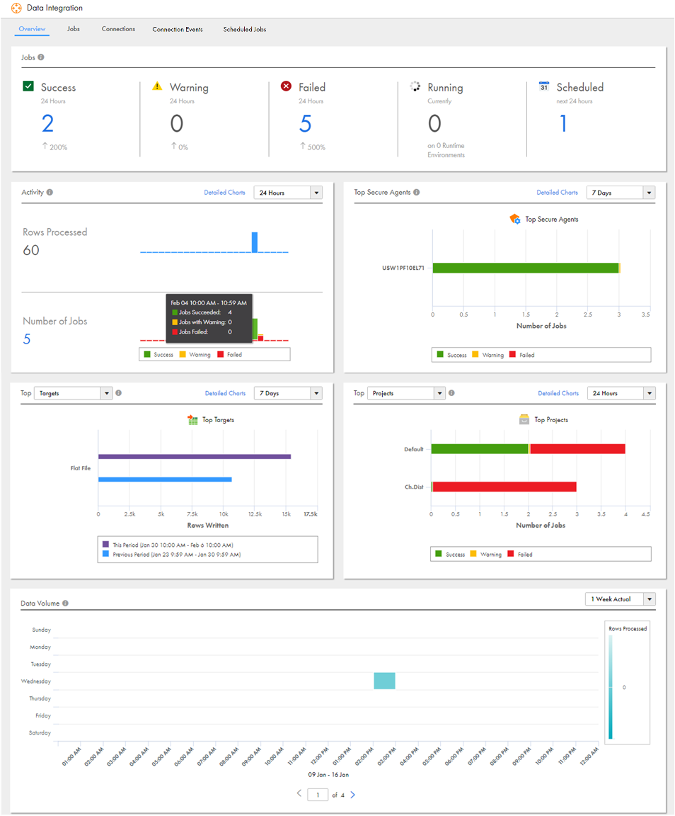 The Overview tab contains six panels. The Jobs panel shows the number of jobs in each state; the Activity panel shows the number of rows processed and the number of jobs; the Top Secure Agents panel shows the number of jobs on the most used Secure Agents; the Top Target panel shows the number of rows written for the most used target type; the Top Projects panel shows the number of jobs in the most used projects; and the Data Volume panel shows the number of jobs per hour each day.