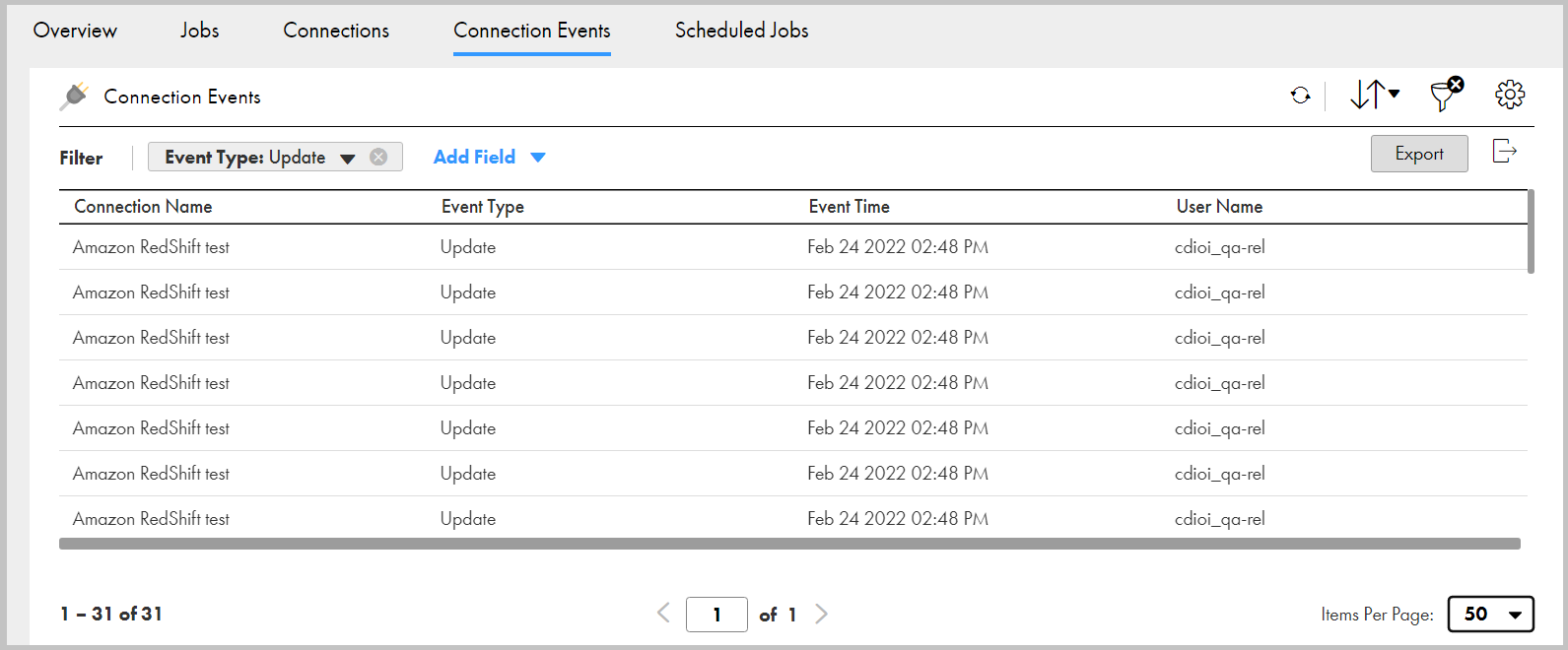 The Connection Events tab shows the name, event type, event time, and the user name of the user who triggered each event.
