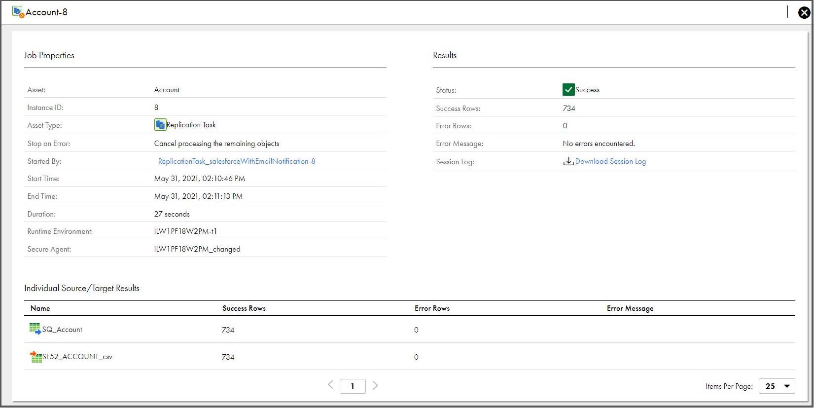 The Job details page includes the Job Properties, Results, and Individual Source and Target Results.