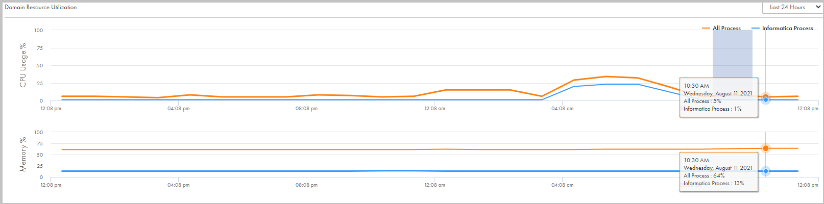 The Domain Resource Utilization graph shows the CPU usage and memory statistics of a domain for the last 24 hours.