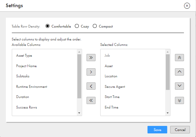 The image shows three choices for Table row density: Comfortable, Cozy, and Compact. The Settings window also displays the names of available columns and selected columns with arrows to adjust the order of the column names.
