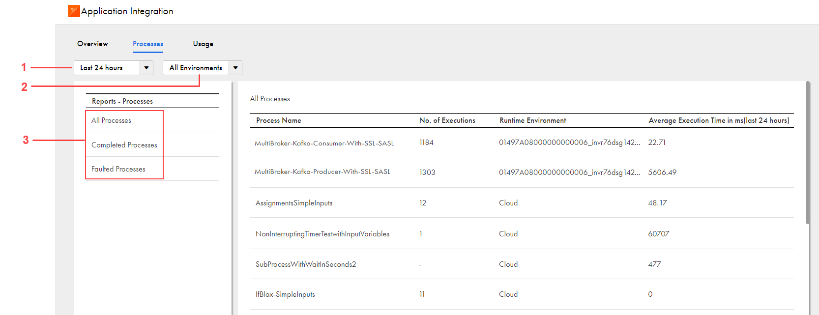 The Processes page shows reports about the status and details of processes that were run in your organization for a selected time period and runtime environment or runtime environment category.