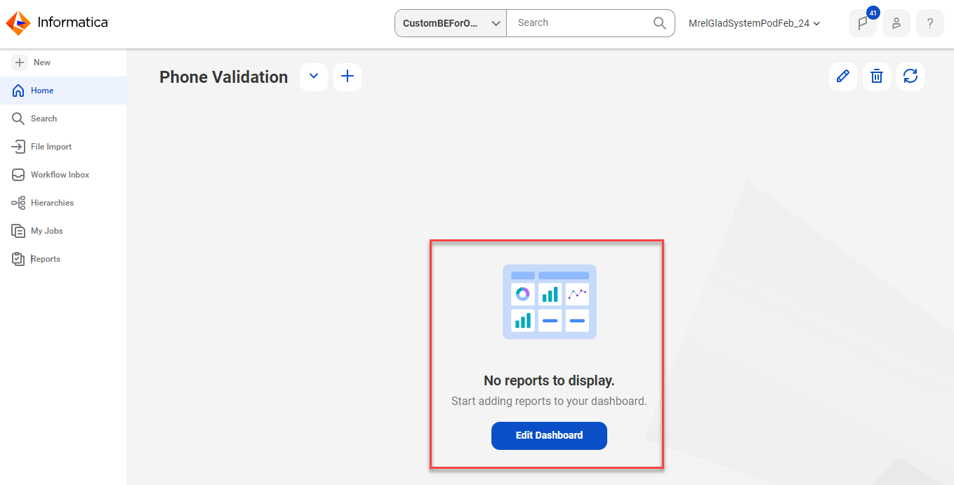 The image displays a Phone Validation dasbhoard with no data to display.