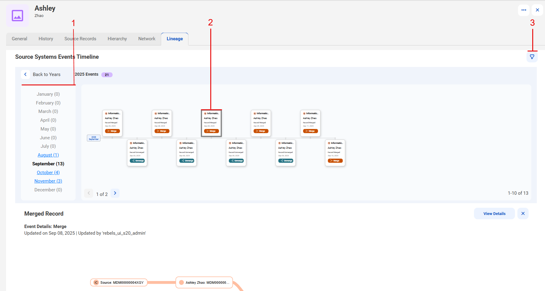 The Lineage page shows the events in the event timeline and event details panel, the Navigation menu, and the Show/Hide filter and Next page options.