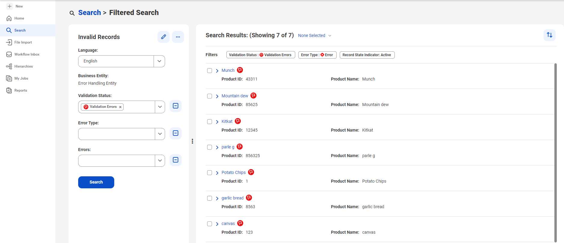 The Search Results page with the Validation Status, Error Type, and Errors filters.