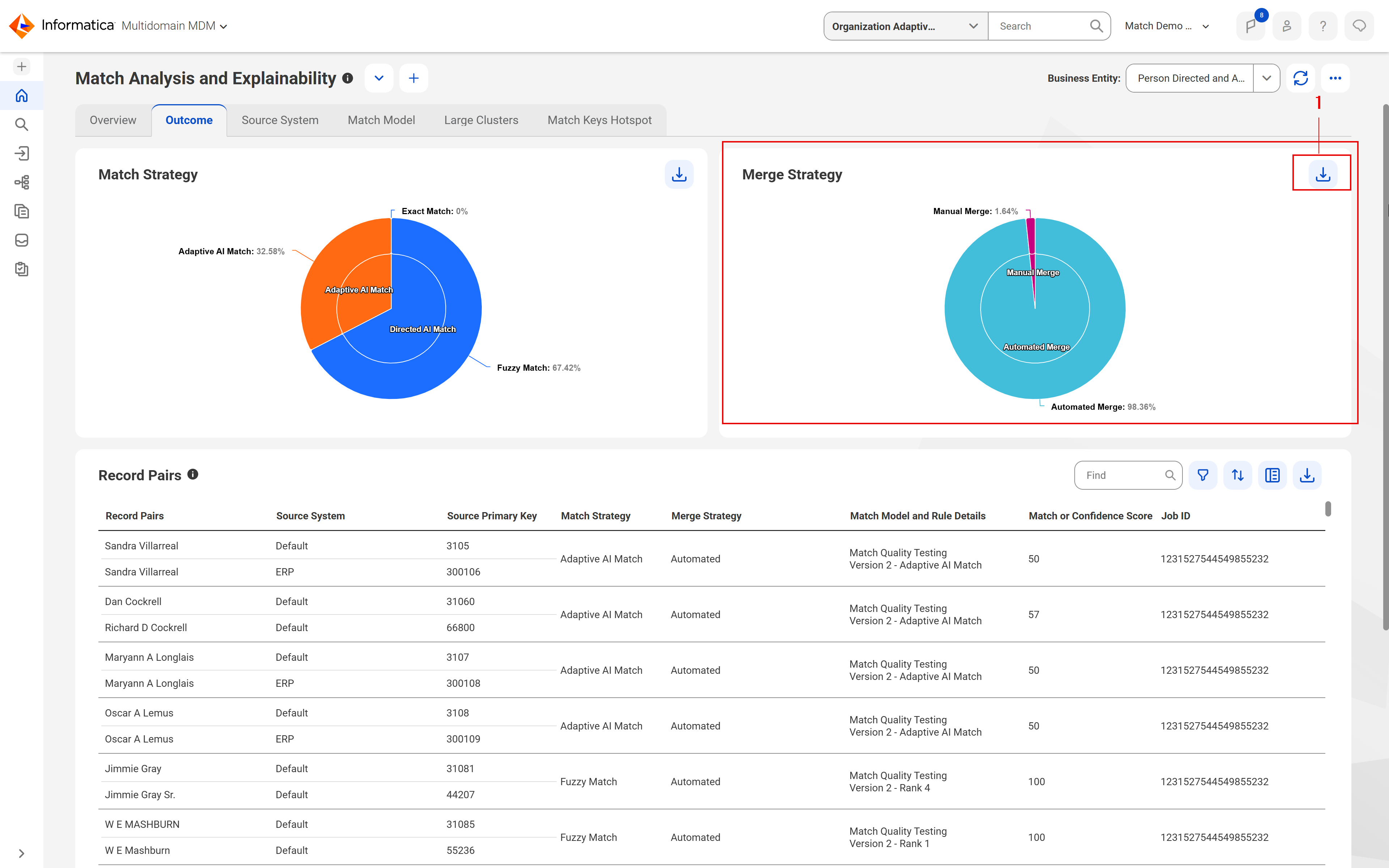 The Merge Strategy section shows a pie chart that displays the percentages of record pairs for Automated and Manual merge. The Record Pairs section lists the record pairs generated based on the Automated Merge strategy.