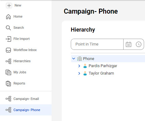 The Campaign - Phone hierarchy contains the child records Pardis Parhizgar and Taylor Graham.