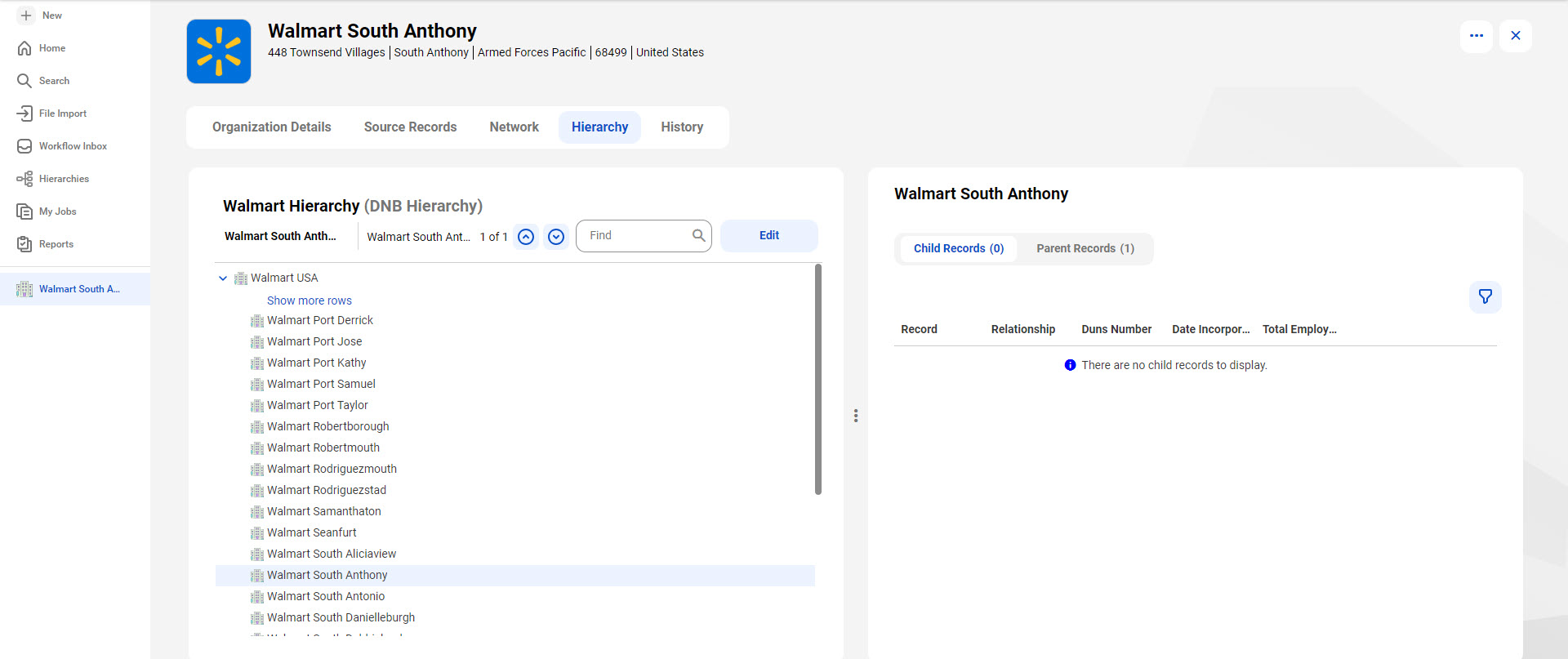 The Hierarchy tab of the Walmart South Anthony record displays the Walmart USA and Walmart South Anthony records in the DNB hierarchy. The relationships panel displays the relationships of the Walmart South Anthony record.