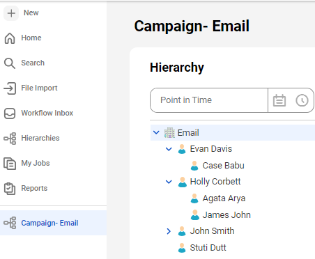 The Campaign - Email hierarchy has the child records Evan Davis, Holly Corbett, John Smith, and Stuti Dutt.