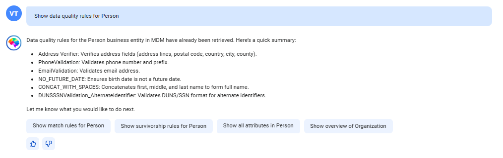 The response displays all data quality rule associations configured in the Person business entity. It also displays a short description for each rule association.
