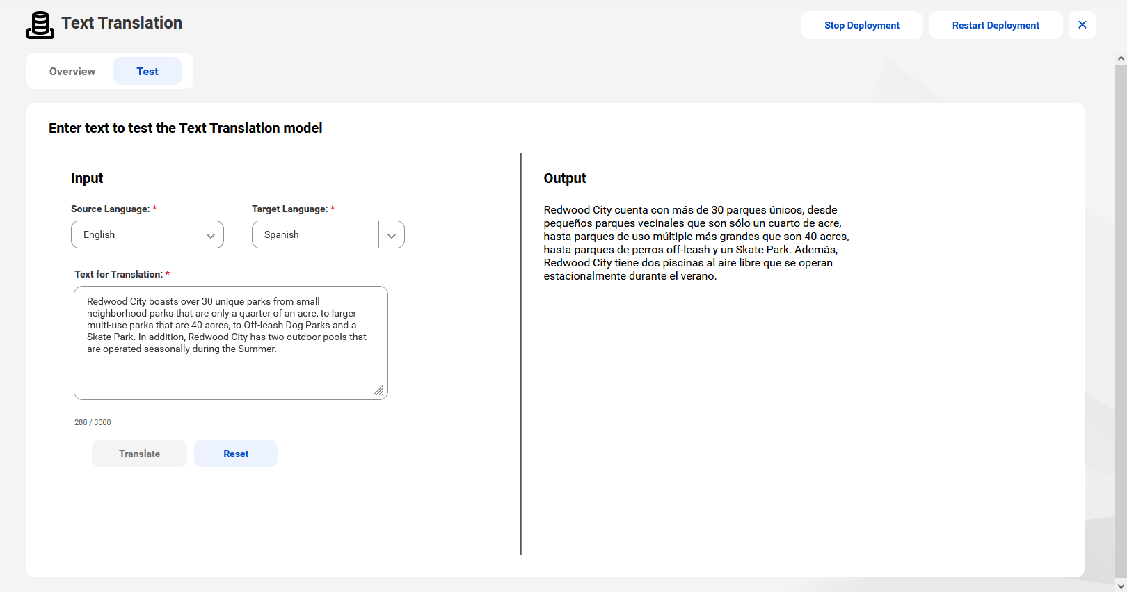 On the Test tab for the Text Translation model, the source language is set to English, the target language is set to Spanish, and the text for translation is a paragraph about public parks. The output shows the paragraph translated to Spanish.