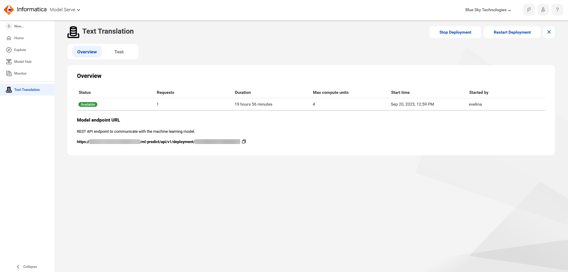 The Text Translation overview page shows information including the status of the deployment, the number of requests it has received, the amount of time that it's been available, the start time, the user who started the deployment, and the model endpoint URL. You can also stop and restart the deployment from this page.