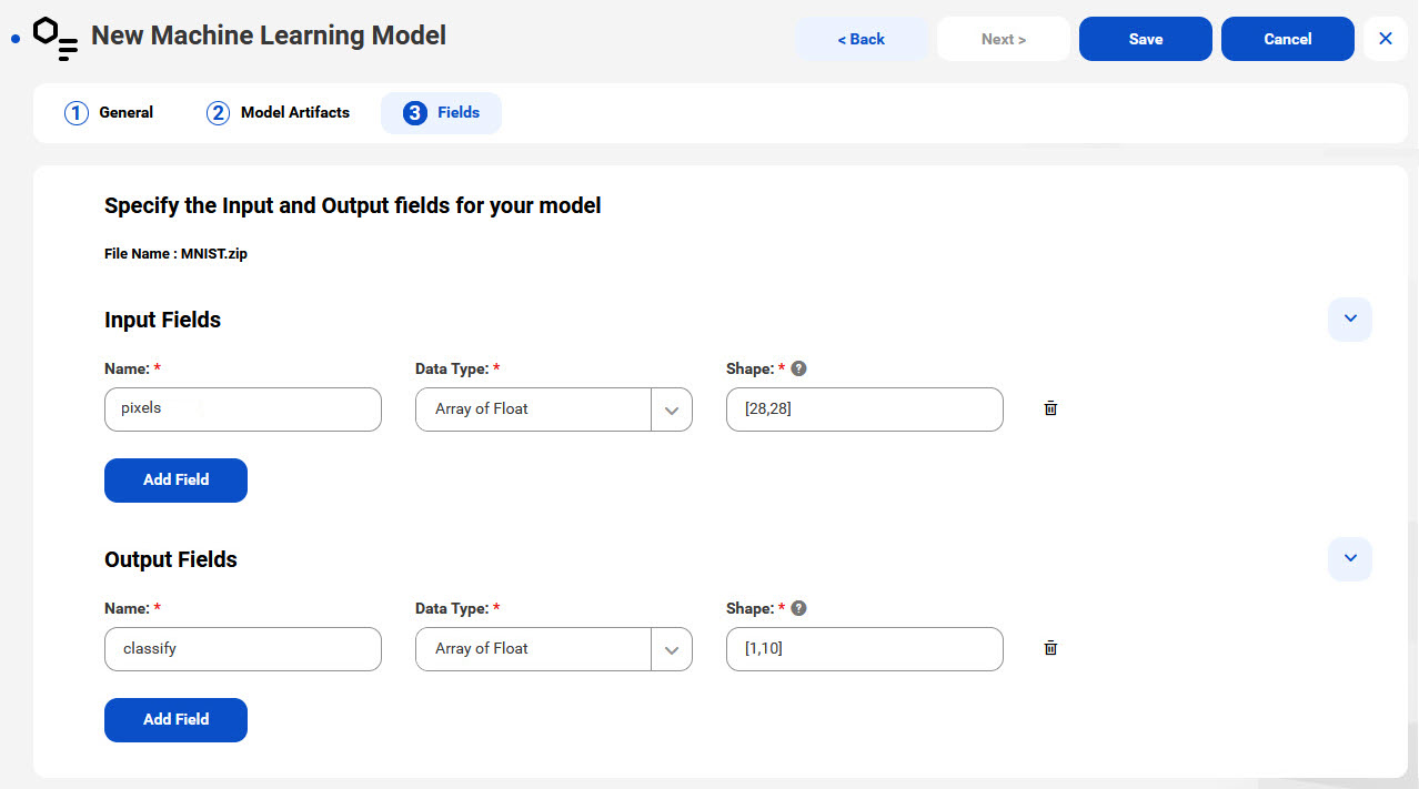 The Fields tab is open for a new machine learning model. There is one input field named "test_pixels" with data type set to "array of float" and shape set to "[28, 28]." There is one output field named "classify" with data type set to "array of float" and shape set to "[1, 10]."