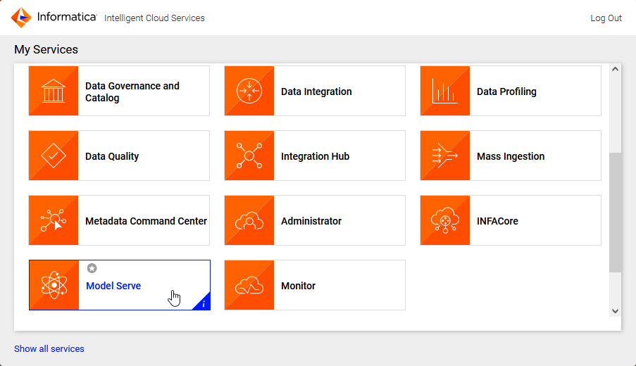The My Services page shows the Informatica Ingelligent Cloud services that you can use.