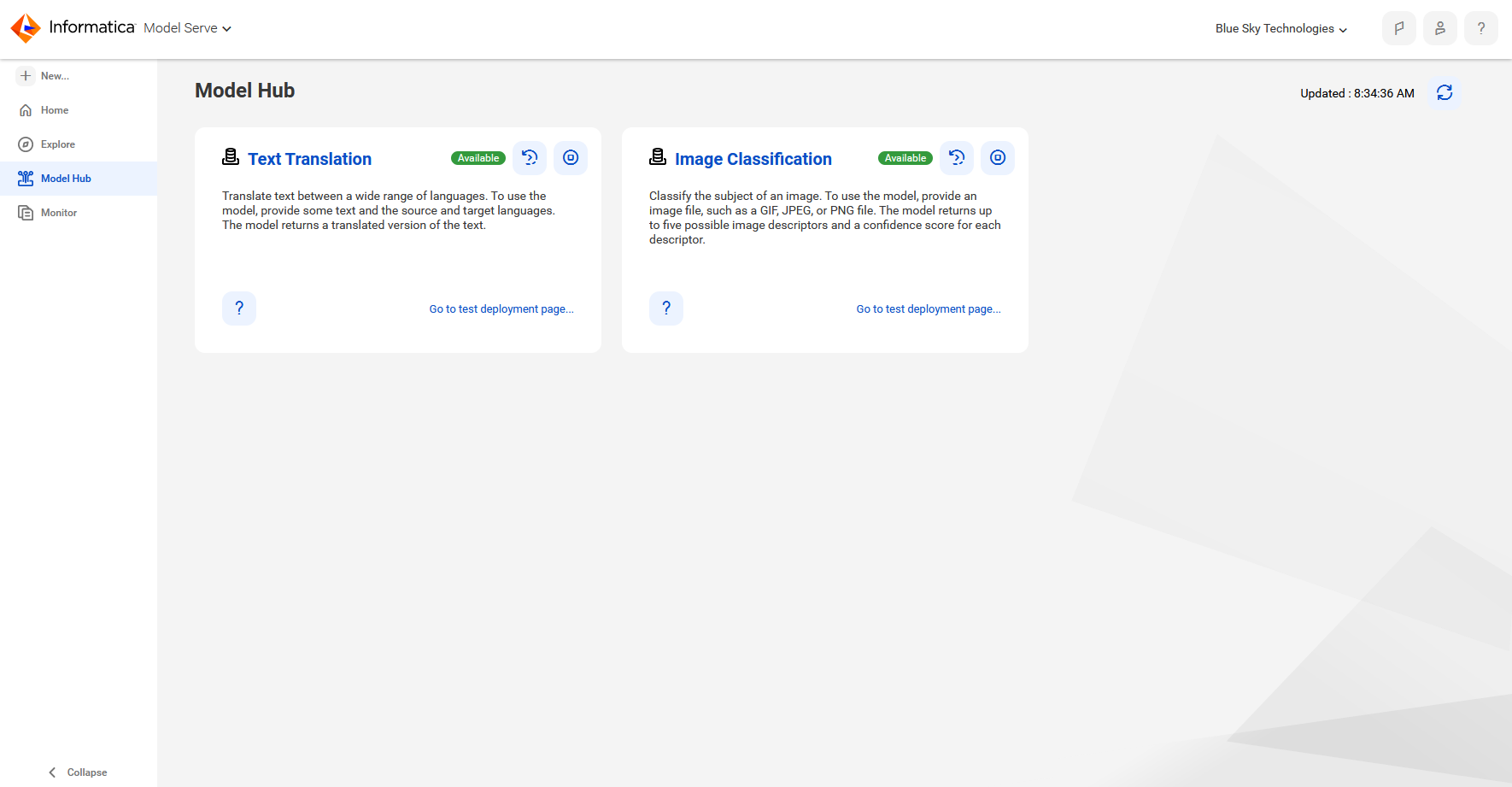 The Model Hub page contains cards for each of the quick start models: Text Translation and Image Classification. Both models are currently available for predictions.