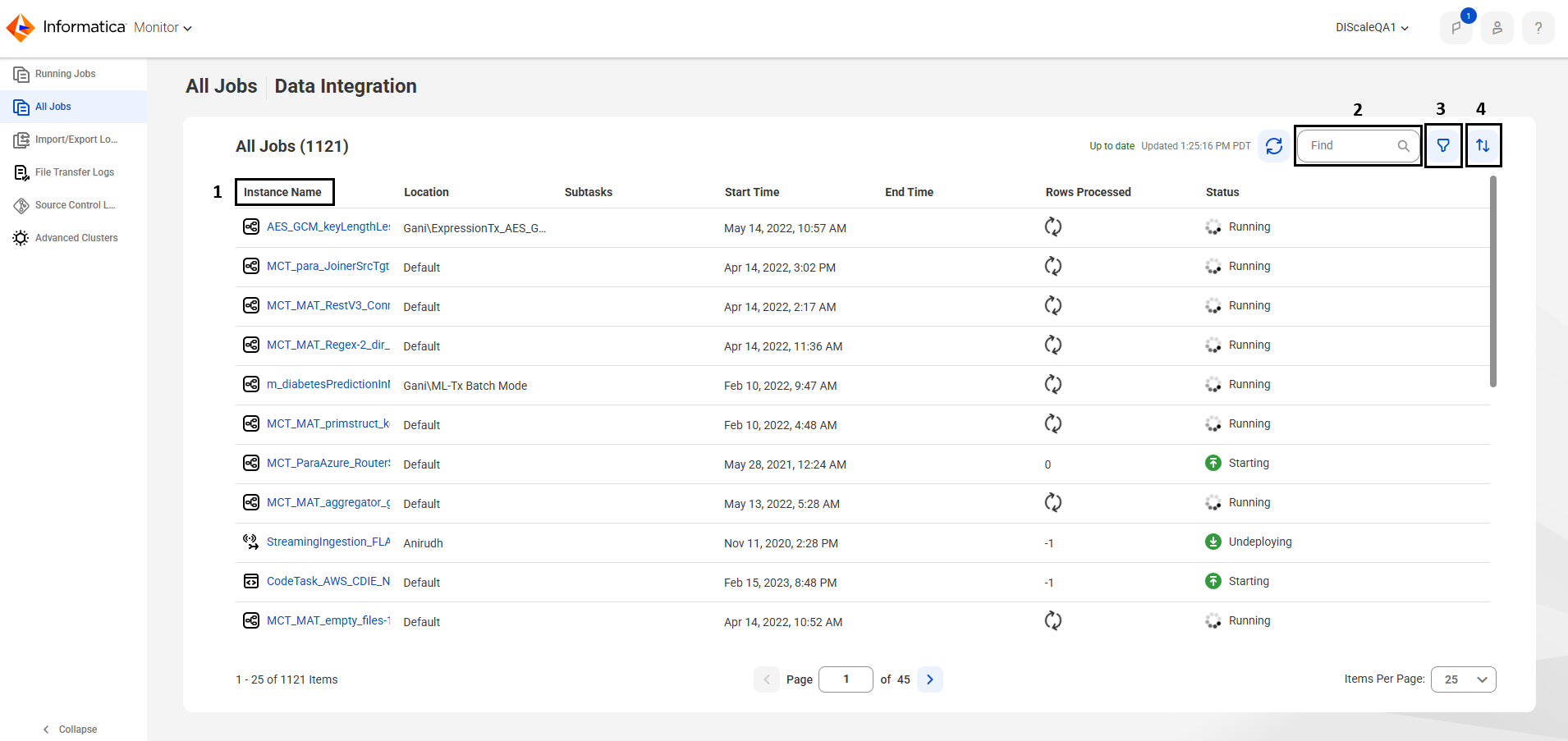 By default, the All Jobs page shows the instance name, subtasks, start time, end time, rows processed, and status for all jobs. You can add other columns, rearrange columns, and sort and filter the jobs on this page.