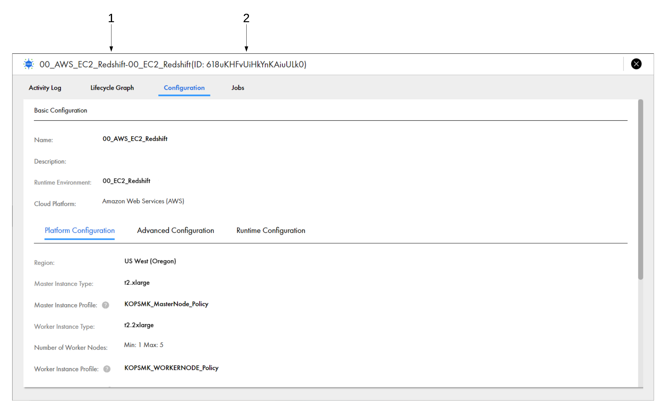 The Configuration tab shows a read-only view of the advanced configuration that is used to create the cluster. You can review the basic, platform, advanced, and runtime properties.
